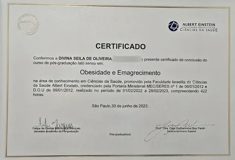 Certificado de pós-graduação em Obesidade e Emagrecimento, Faculdade Israelita de Ciências da Saúde Albert Einstein, 2023