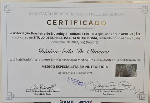 Certificado de Título de Especialista em Nutrologia, Associação Brasileira de Nutrologia, 2024